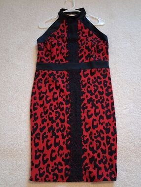 NWT New York & Company Red and Black Leopard Halter Dress PL